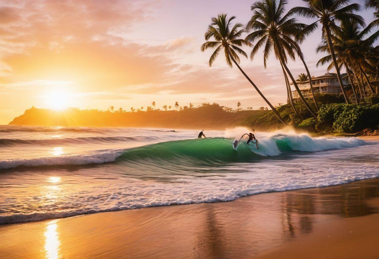 A vibrant beach scene at sunrise with surfers catching waves, showcasing the thrill and joy of surfing. Include a diverse group of friends laughing and sharing experiences, surrounded by colorful surfboards, palm trees, and a cheerful ocean. The atmosphere should radiate happiness and community, with sparkling water reflecting the warm sunlight. tropical vibe. super-realistic. vibrant colors.