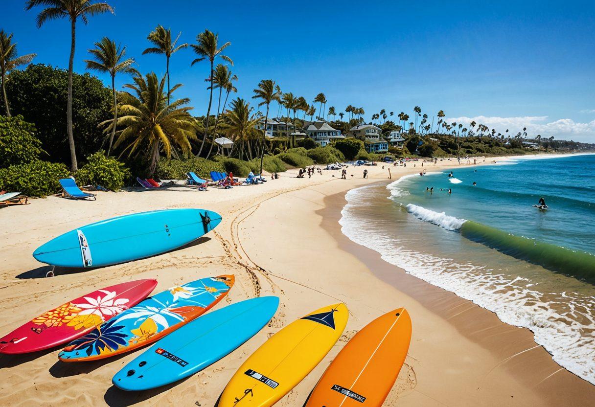 A vibrant beach scene featuring diverse surfers of all ages riding colorful waves under a bright blue sky. In the foreground, show a large surfboard with various social media icons illustrated on it, symbolizing the connection between surfing and social networks. Include elements like palm trees and beach towels for a laid-back vibe. The image should convey a sense of community and joyfulness among surfers. 3D. vibrant colors.