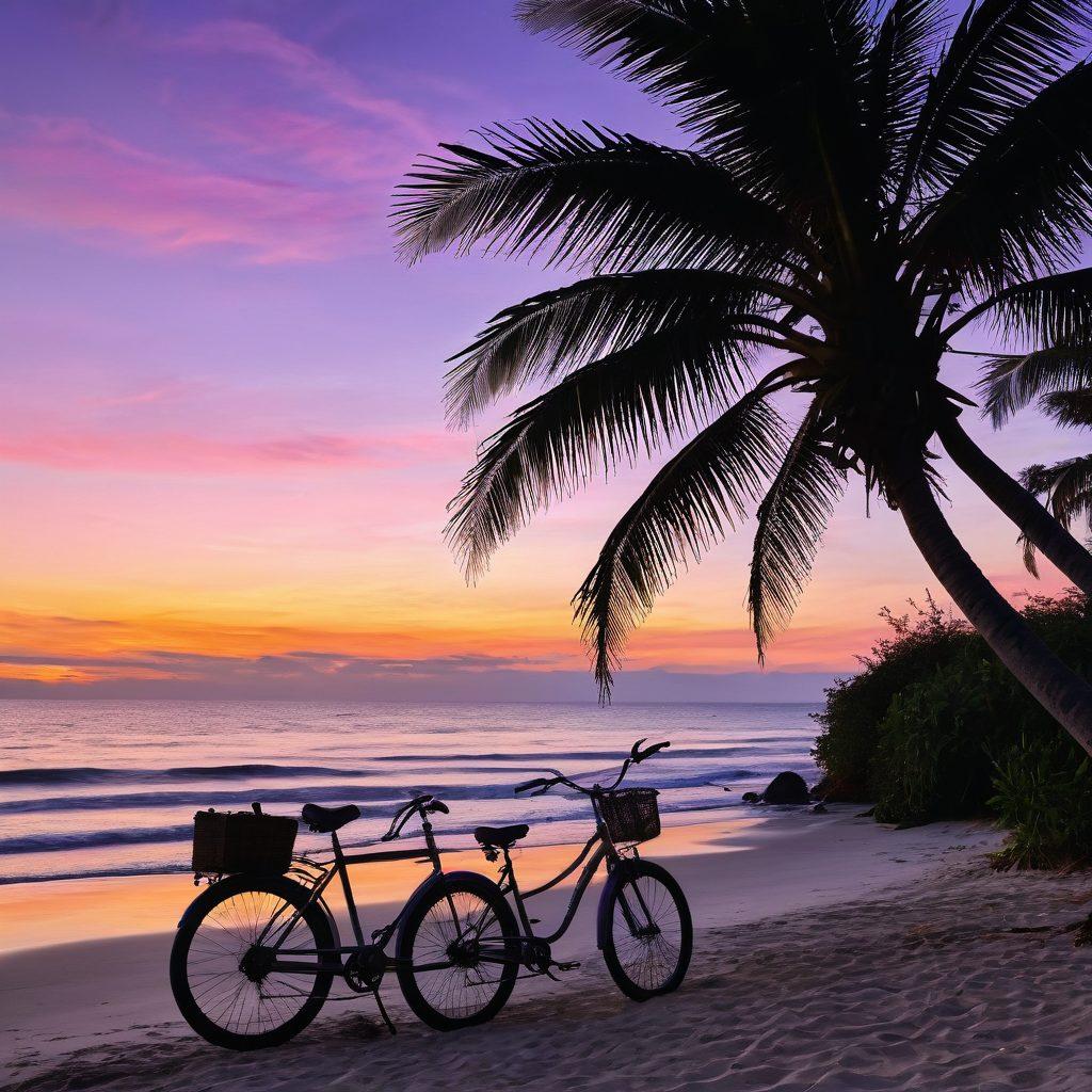 A tranquil coastal scene featuring a serene beach with gentle waves lapping at the shore, a vibrant sunset painting the sky in warm hues, and a rustic wooden bicycle leaning against a palm tree. In the distance, a couple enjoys a peaceful moment, reflecting the harmony of adventure and relaxation. The overall mood should evoke feelings of bliss and serenity. super-realistic. vibrant colors. dreamy atmosphere.
